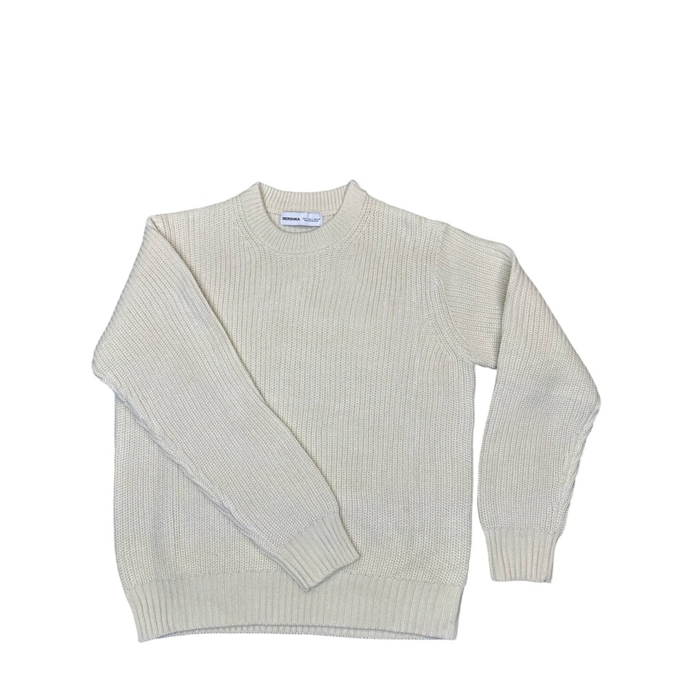 Bershka Womens Cream Ribbed Crew Neck Wool Blend Chunky Knit Sweater Size S